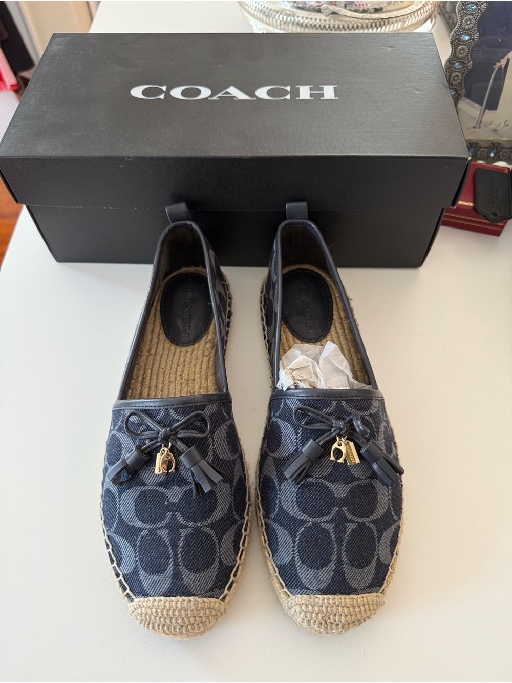 Coach Carson in Navy Signature Canvas Espadrille Flats with Gold Charm